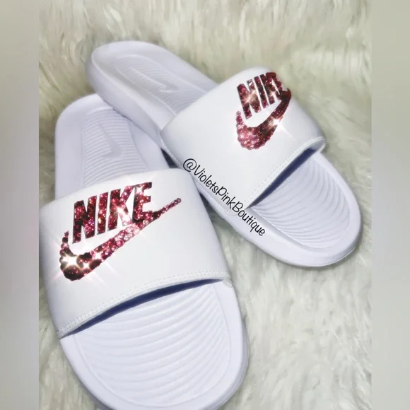Women’s Custom Slides With Pink Swarovski crystal Nike White Slides